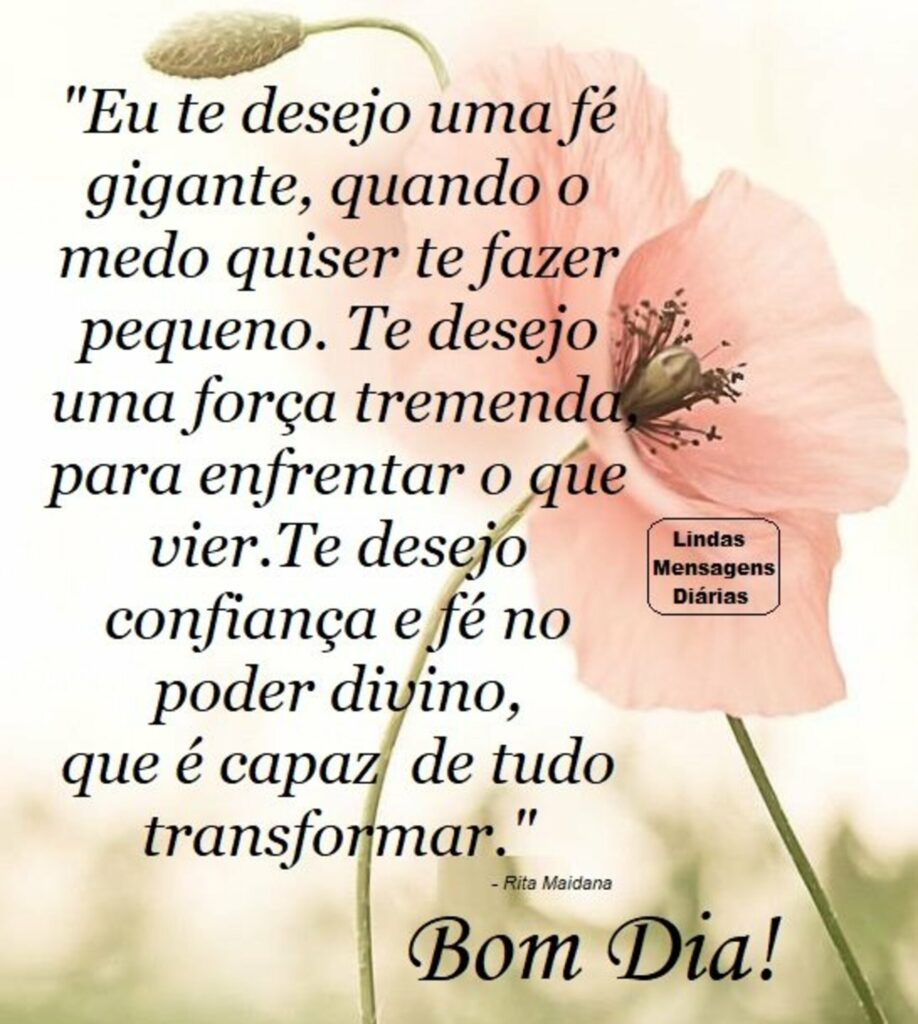 "Eu te desejo uma fé gigante, quando o medo quiser te fazer pequeno. Te desejo uma força tremenda par enfrentar o que vier. Te desejo confiança e fé no poder divino, que é capaz de tudo transformar." Bom Dia!