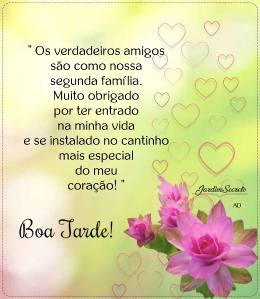 "Os verdadeiros amigos são como nossa segunda família. Muito obrigado por ter entrado na minha vida e se instalado no cantinho mais especial do meu coração!" Boa Tarde!