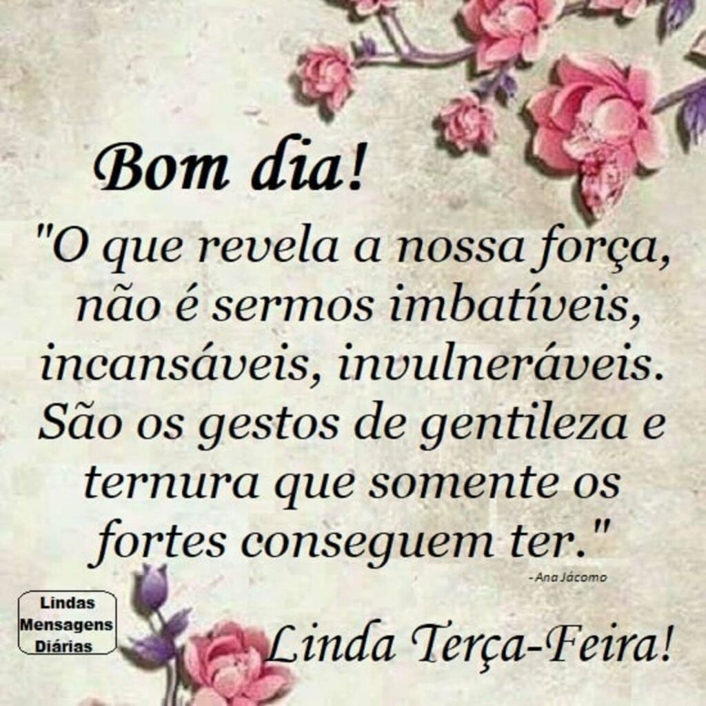 Bom Dia! "O que revela a nossa força, não é sermos inbatíveis, incansáveis, invulneráveis. São os gestos de gentileza e ternura que somente os fortes conseguem ter." Linda Terça-Feira!