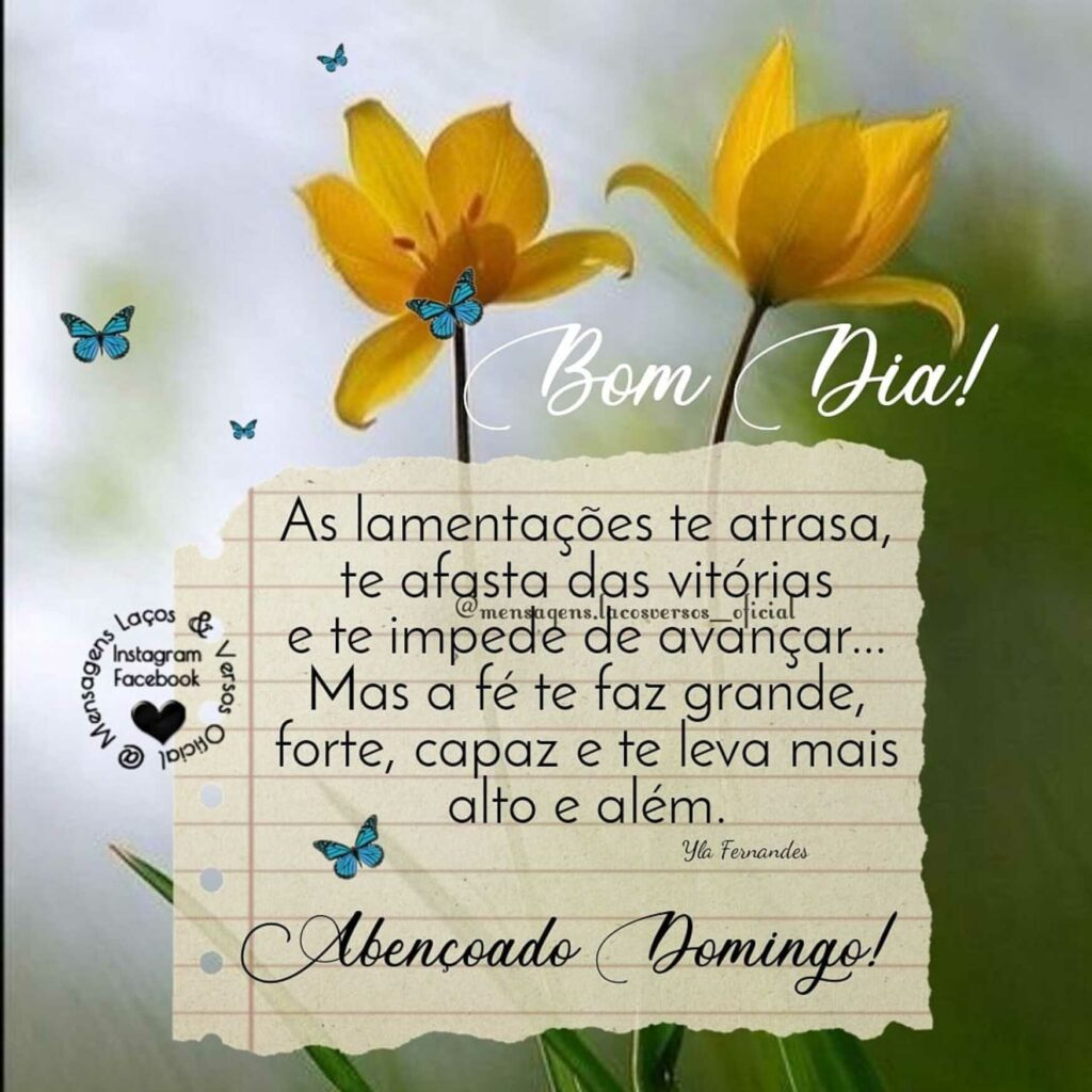 Bom Dia! As lamentações te atrasa, te afasta das vitórias e te impede de avançar... Mas a fé te faz grande, forte, capaz e te leva mais alto e além. Abençoado Domingo!