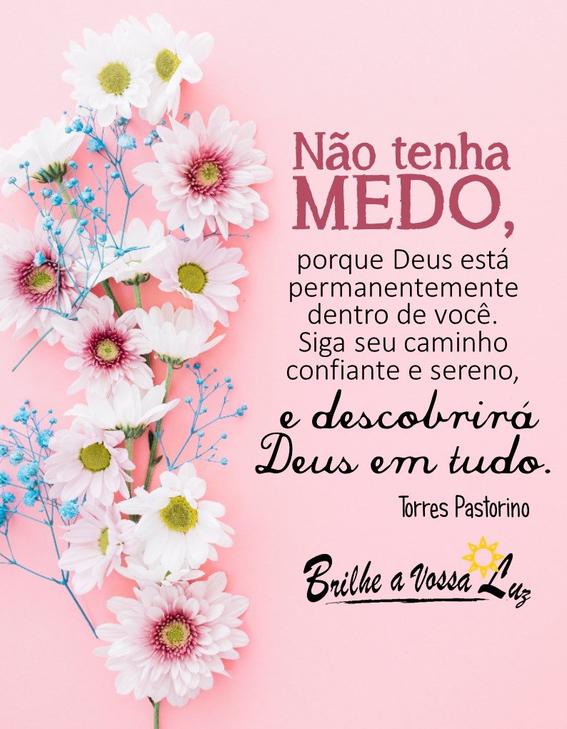 Não tenha MEDO, porque Deus está permanentemente dentro de você. Siga seu caminho confiante e sereno, e descobrirá Deus em tudo. - Torres Pastorino