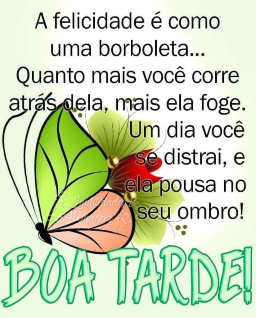 A felicidade é como uma borboleta... Quanto mais você corre atrás dela, mais ela foge. Um dia você se distrai, e ela pousa no seu ombro! BOA TARDE!