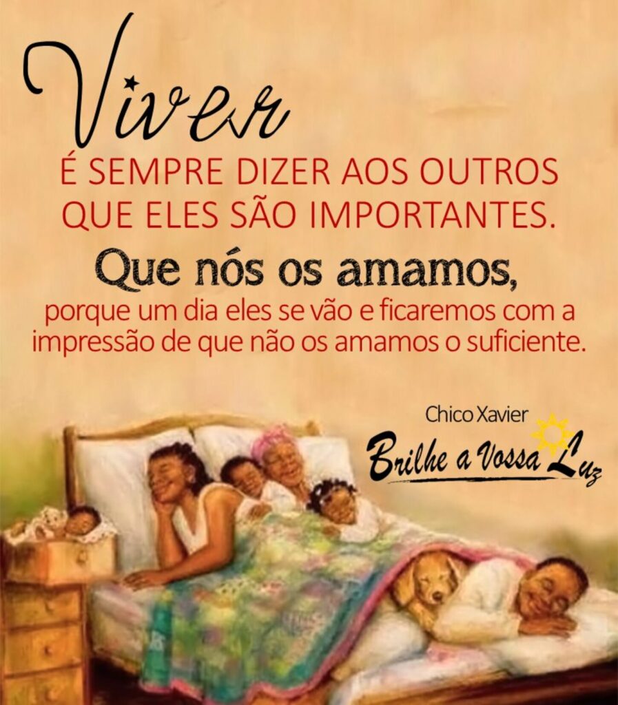 Viver é sempre dizer aos outros que eles são importantes. Que nós os amamos, porque um dia ele se vão e ficamos com a impressão de que não os amamos o suficiente. - Chico Xavier (Brilhe a Vossa Luz)