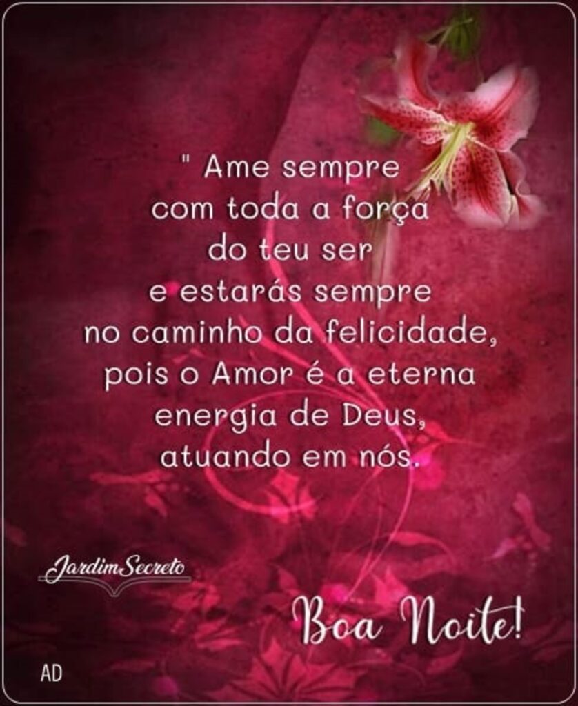 "Ame sempre com toda a força do teu ser e estarás sempre no caminho da felicidade, pois o Amor é a eterna energia de Deus, atuando em nós." Boa Noite!